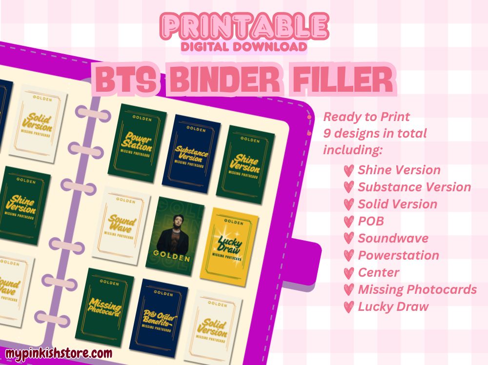 BTS Jungkook Golden Missing Photocard Filler | 9 Designs Printable PDF | Shine, Substance, Solid, POB, Lucky Draw, Soundwave, Powerstation, Center | Kpop Fanmade Merch
