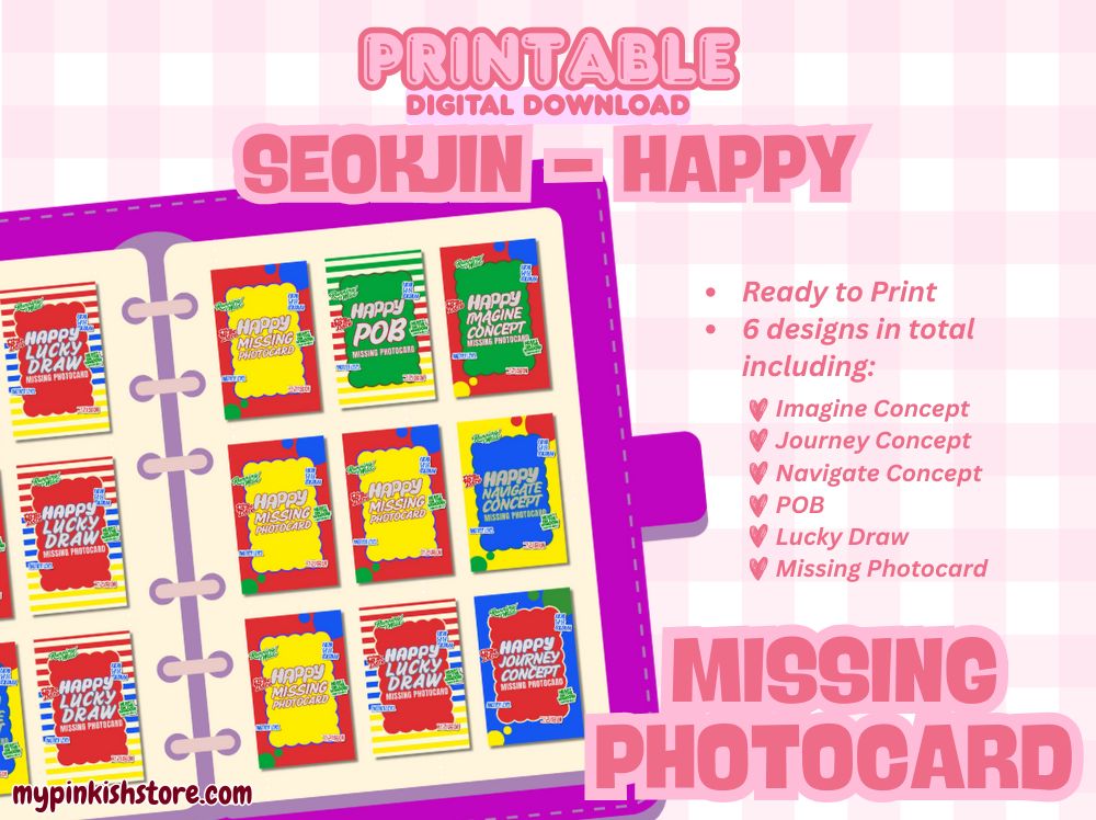 Seokjin Happy Missing Photocard Filler | 6 Designs Printable PDF | Imagine, Journey, Navigate, POB, Lucky Draw, Missing Photocard | Kpop Fanmade BTS Merch