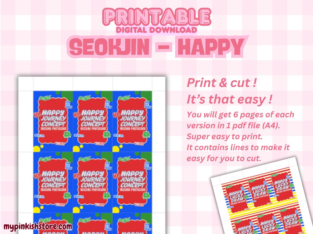 Seokjin Happy Missing Photocard Filler | 6 Designs Printable PDF | Imagine, Journey, Navigate, POB, Lucky Draw, Missing Photocard | Kpop Fanmade BTS Merch