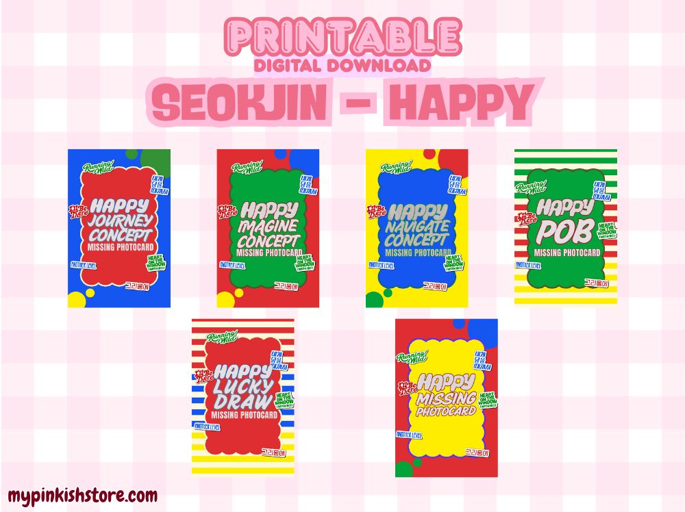 Seokjin Happy Missing Photocard Filler | 6 Designs Printable PDF | Imagine, Journey, Navigate, POB, Lucky Draw, Missing Photocard | Kpop Fanmade BTS Merch
