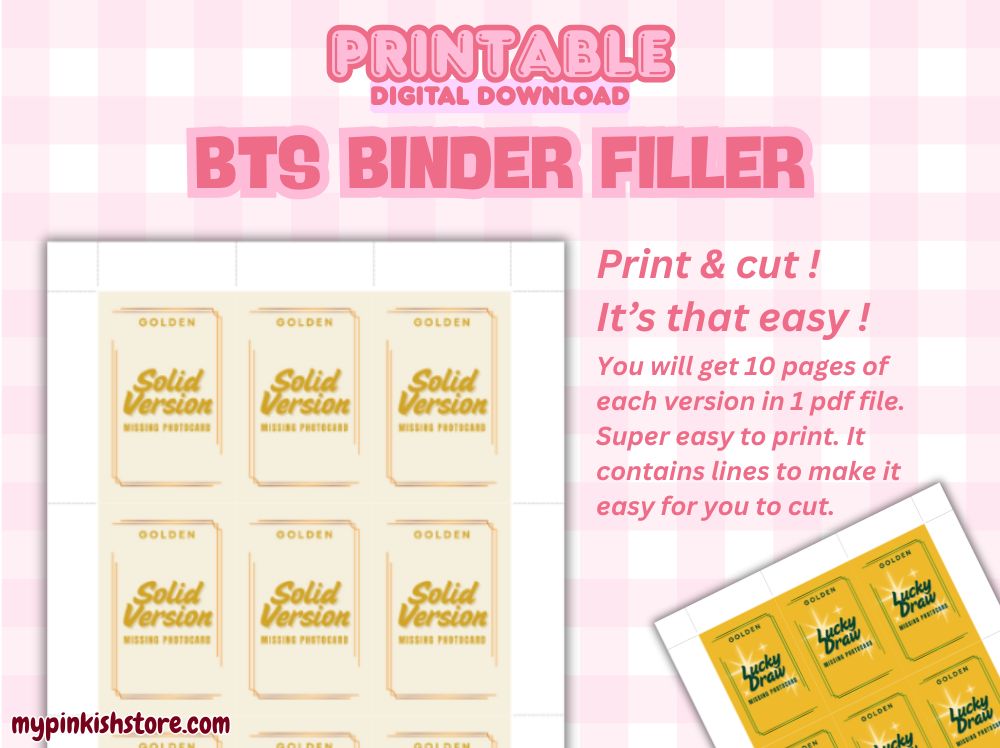 BTS Jungkook Golden Missing Photocard Filler | 9 Designs Printable PDF | Shine, Substance, Solid, POB, Lucky Draw, Soundwave, Powerstation, Center | Kpop Fanmade Merch