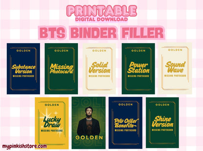 BTS Jungkook Golden Missing Photocard Filler | 9 Designs Printable PDF | Shine, Substance, Solid, POB, Lucky Draw, Soundwave, Powerstation, Center | Kpop Fanmade Merch