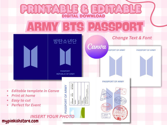 ARMY BTS Passport Editable Template Canva | Kpop Passport Printable | DIY BTS Fan Gift | Digital Download | Print at Home