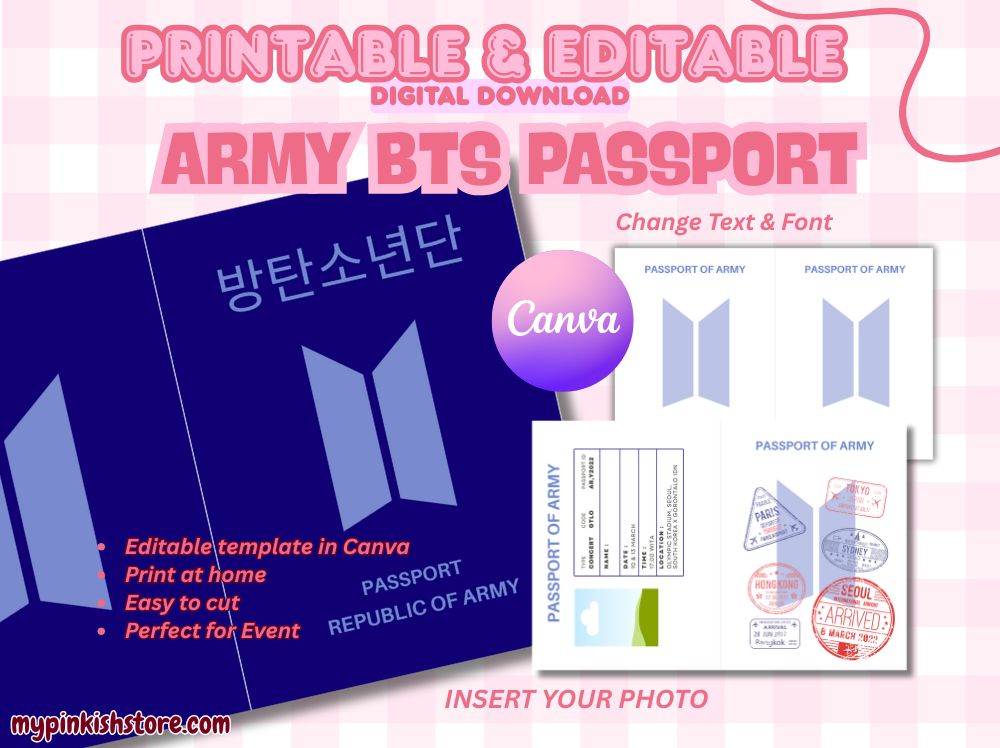ARMY BTS Passport Editable Template Canva | Kpop Passport Printable | DIY BTS Fan Gift | Digital Download | Print at Home
